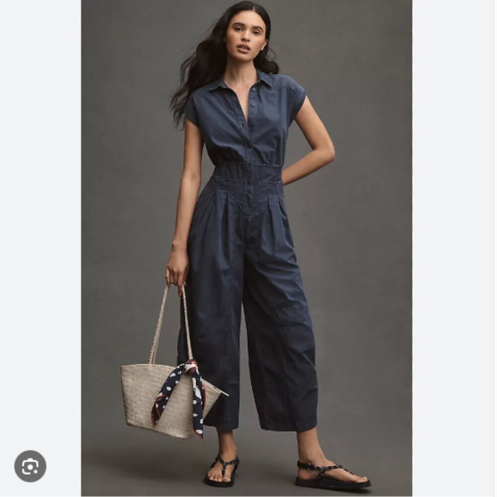 Anthropologie Navy Short-Sleeve Collared Utility Jumpsuit
